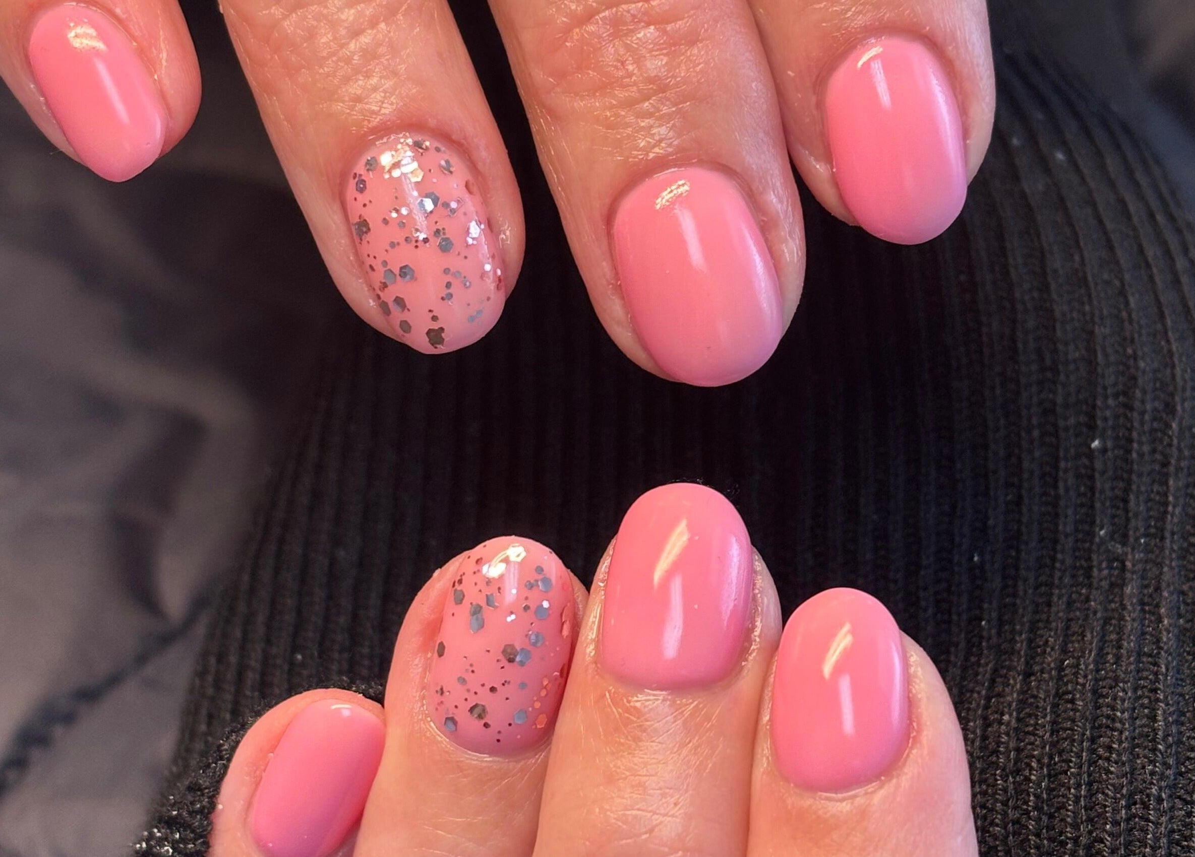 Glittery pink manicure at Nails by Anjonet, George, Western Cape, ZA.