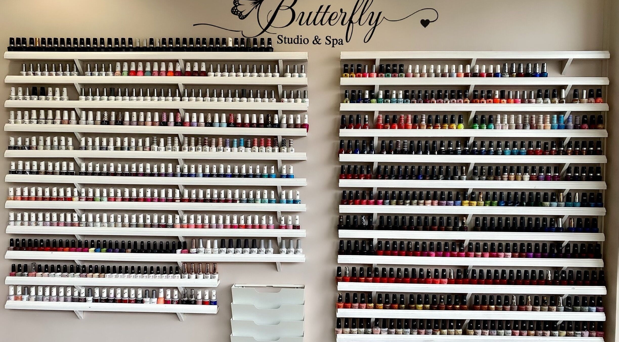 Nail polish shelves at Butterfly Beauty Salon | W Broadway, Vancouver, British Columbia, CA.