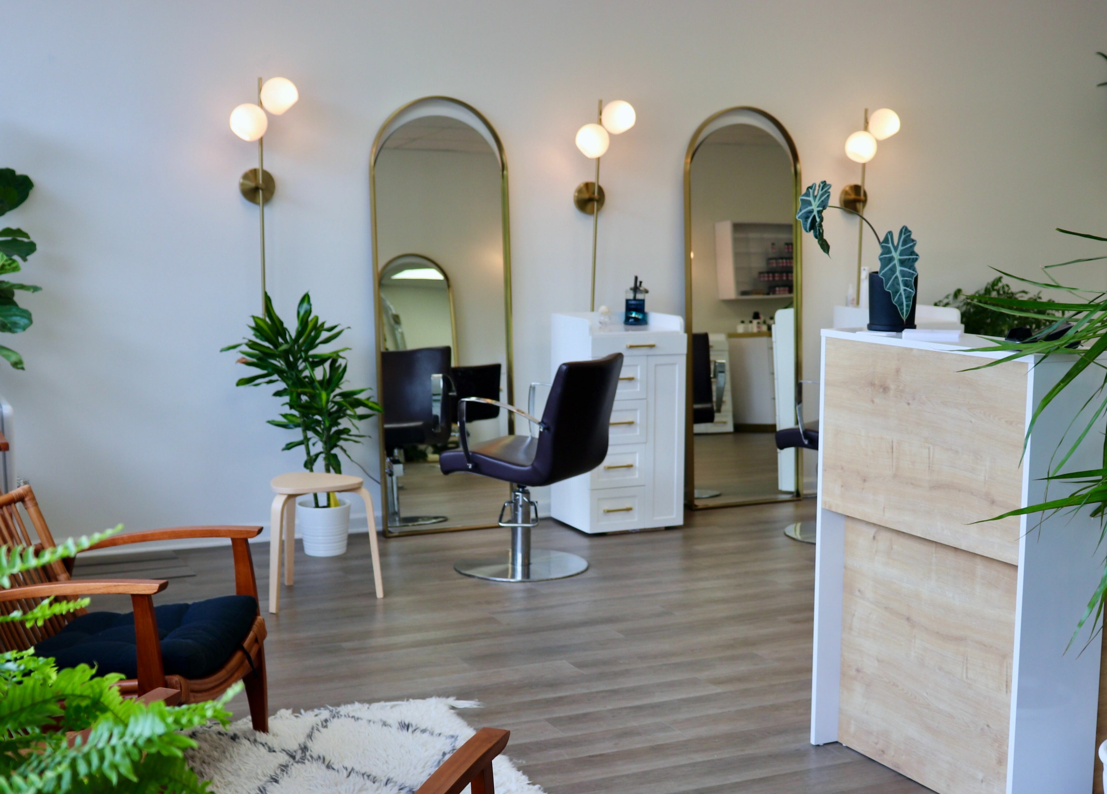 Elegant salon interior at Roots Radicals North in Brewster, New York, US, featuring chic décor and greenery.