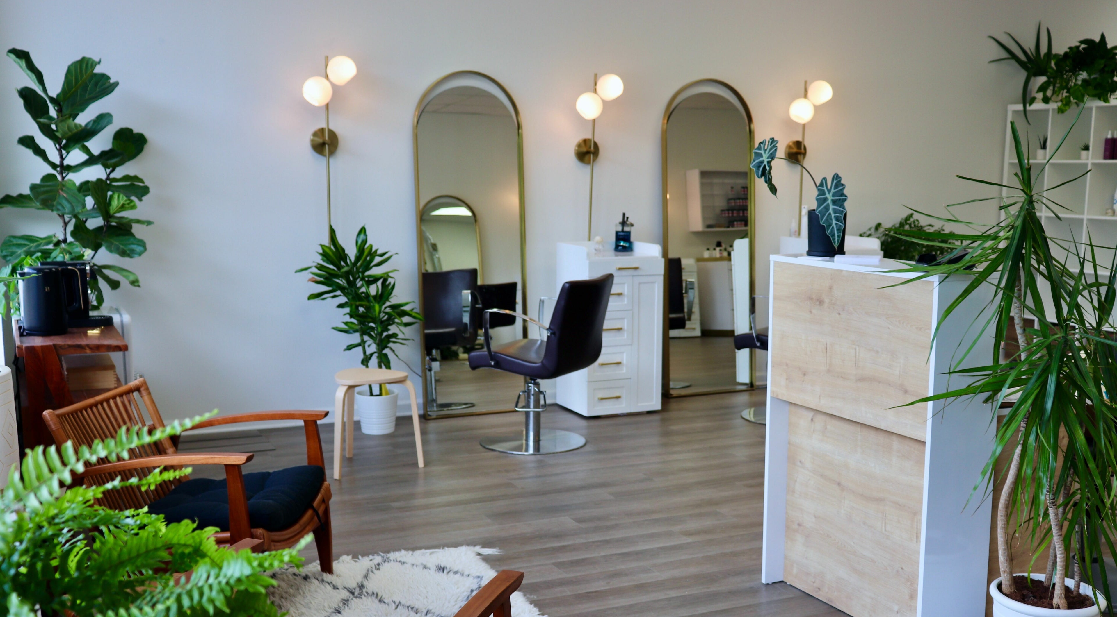 Elegant salon interior at Roots Radicals North in Brewster, New York, US, featuring chic décor and greenery.