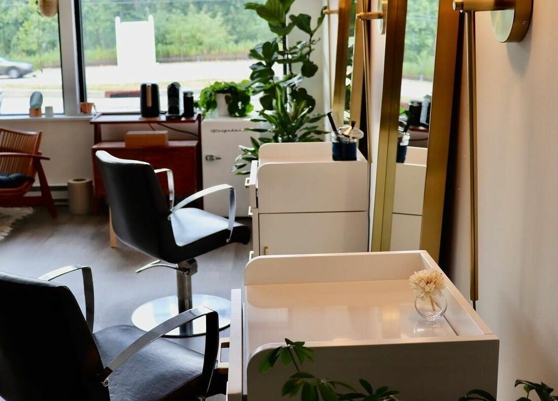 Elegant salon interior at Roots Radicals North, Brewster, New York, US with modern chairs and plants.