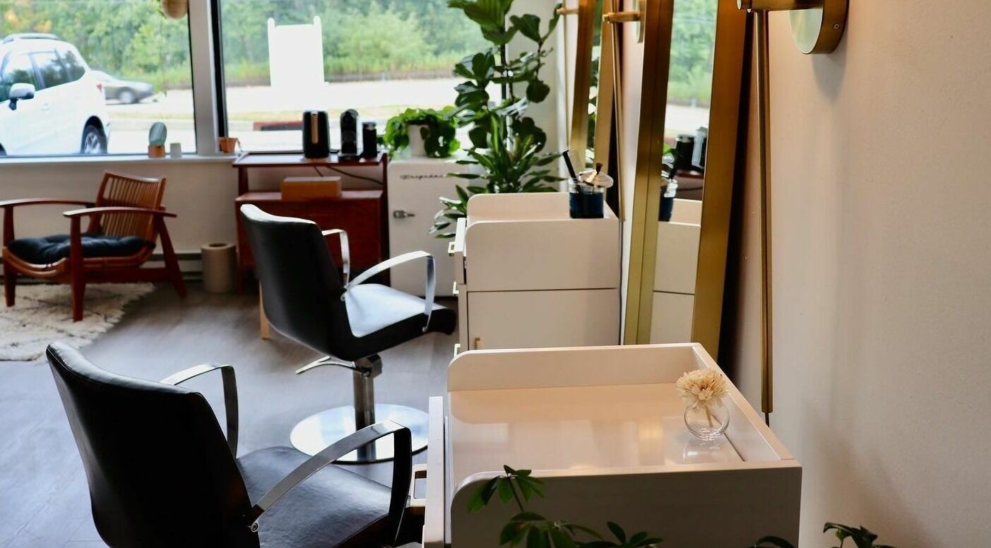 Elegant salon interior at Roots Radicals North, Brewster, New York, US with modern chairs and plants.