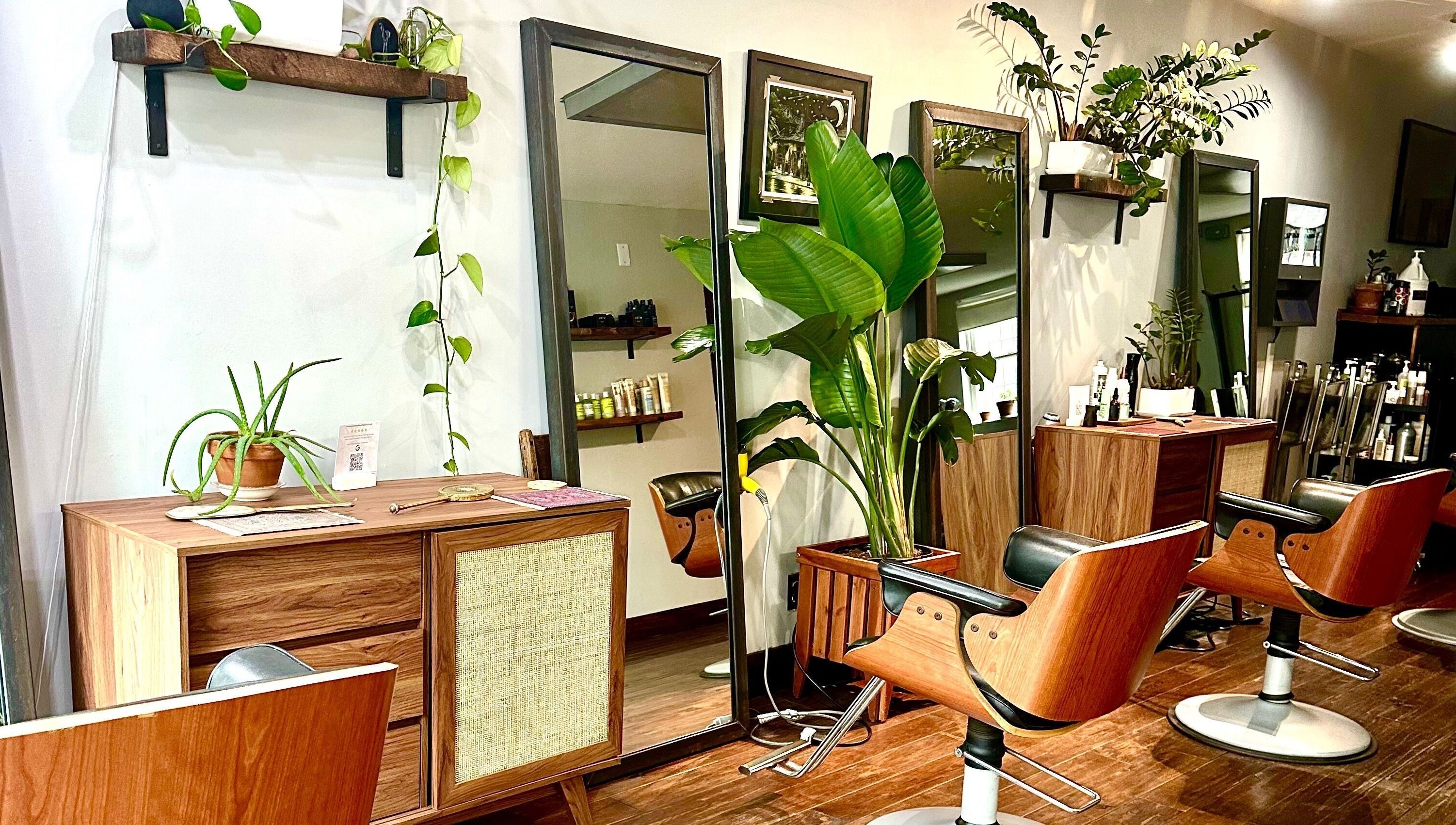 Stylish interior of Roots Radicals Salon in New York, New York, US featuring wood decor and lush green plants.