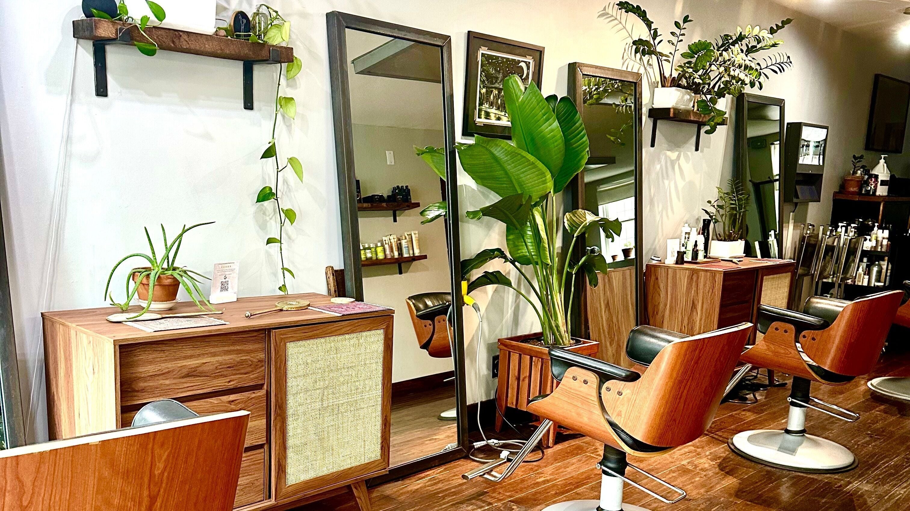 Stylish interior of Roots Radicals Salon in New York, New York, US featuring wood decor and lush green plants.
