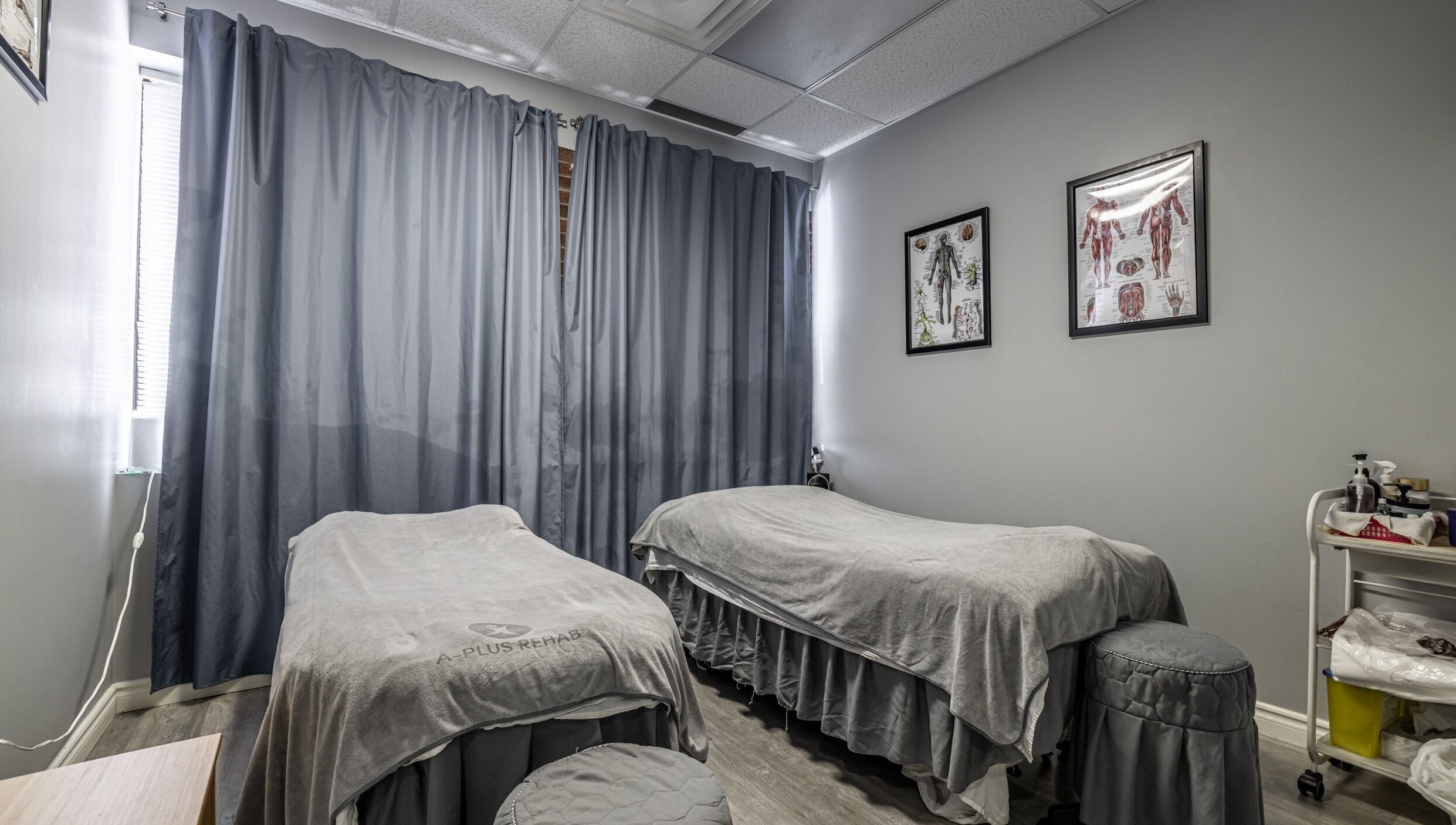Cozy therapy room at A-Plus Rehab in Toronto, Ontario, CA, featuring massage tables and calming decor.