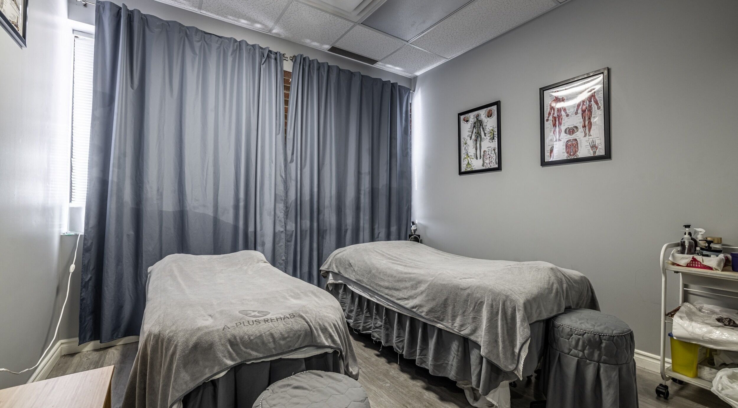 Cozy therapy room at A-Plus Rehab in Toronto, Ontario, CA, featuring massage tables and calming decor.