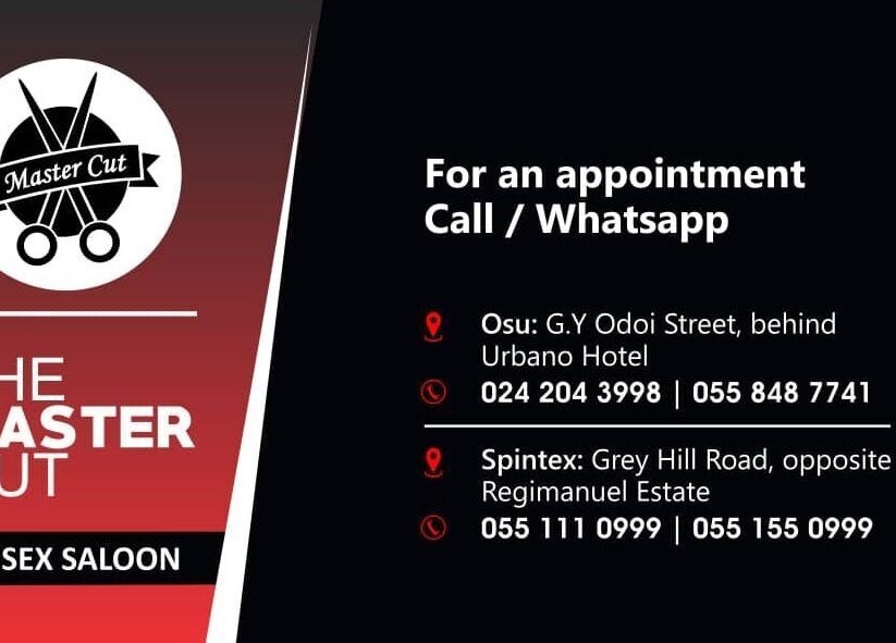 The Masters Cut Spintex business card with contact info, located in Accra, Greater Accra Region, GH.