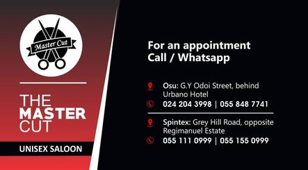The Masters Cut Spintex business card with contact info, located in Accra, Greater Accra Region, GH.