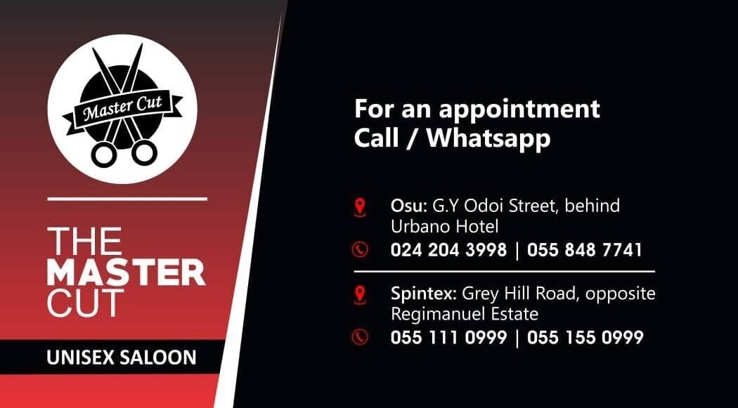 The Masters Cut Spintex business card with contact info, located in Accra, Greater Accra Region, GH.