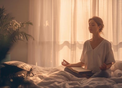 A woman meditating peacefully in the calming ambiance of ZEN DEN, Wishaw, Scotland, GB.