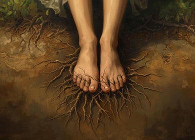 Feet blending with tree roots at ZEN DEN, Wishaw, Scotland, GB; symbolizing grounding and nature harmony.