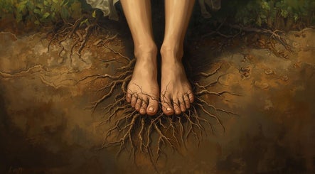 Feet blending with tree roots at ZEN DEN, Wishaw, Scotland, GB; symbolizing grounding and nature harmony.