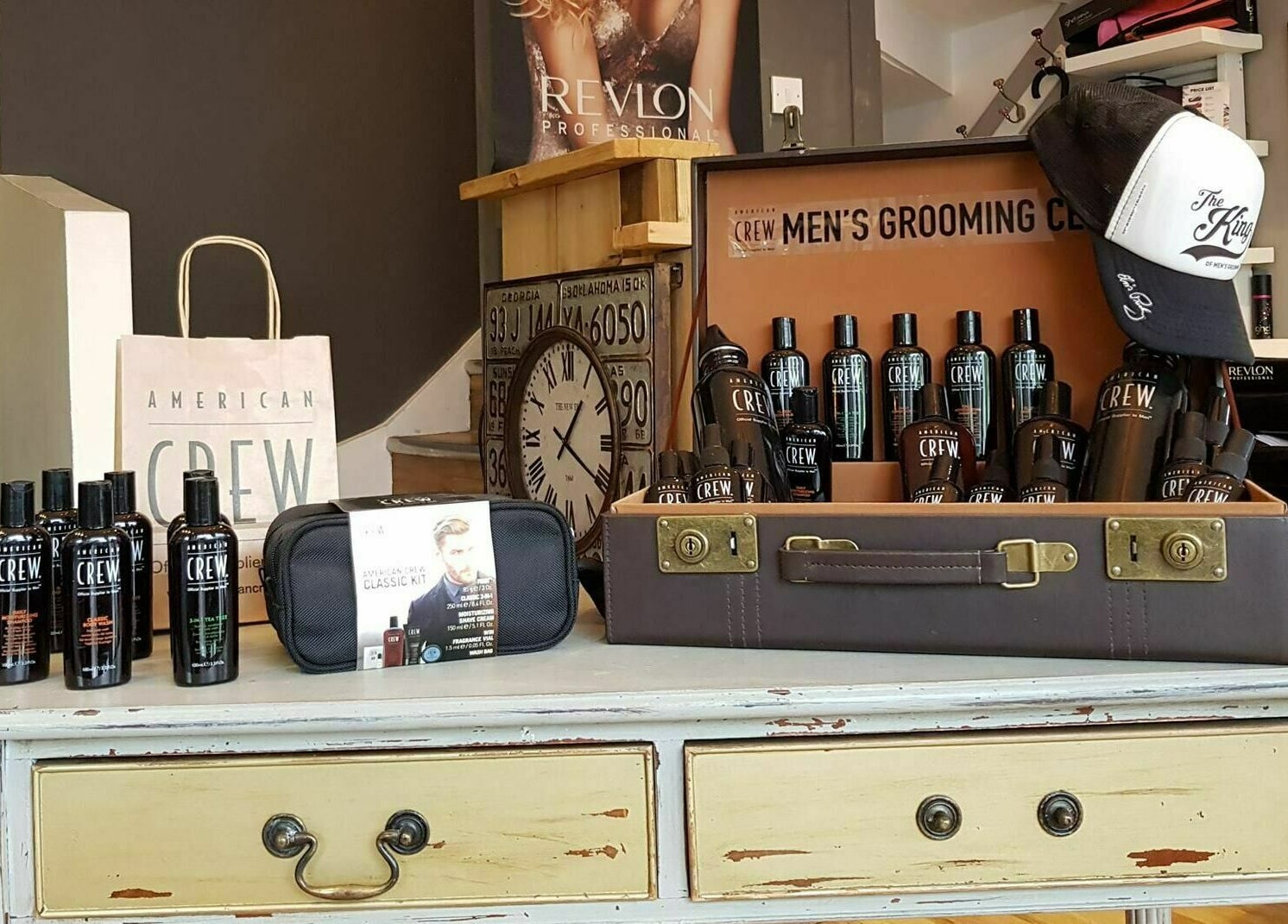 Mark Mardell's premium grooming products displayed in Dartford, England, GB salon.
