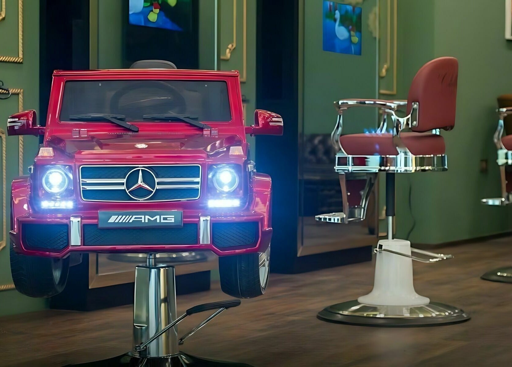 Red luxury car-themed chair at Cabello Lounge - Jumeirah Park, Dubai, Dubai, AE, enhances salon decor.