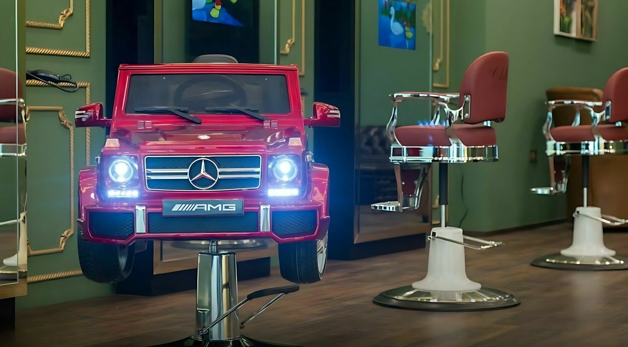 Red luxury car-themed chair at Cabello Lounge - Jumeirah Park, Dubai, Dubai, AE, enhances salon decor.