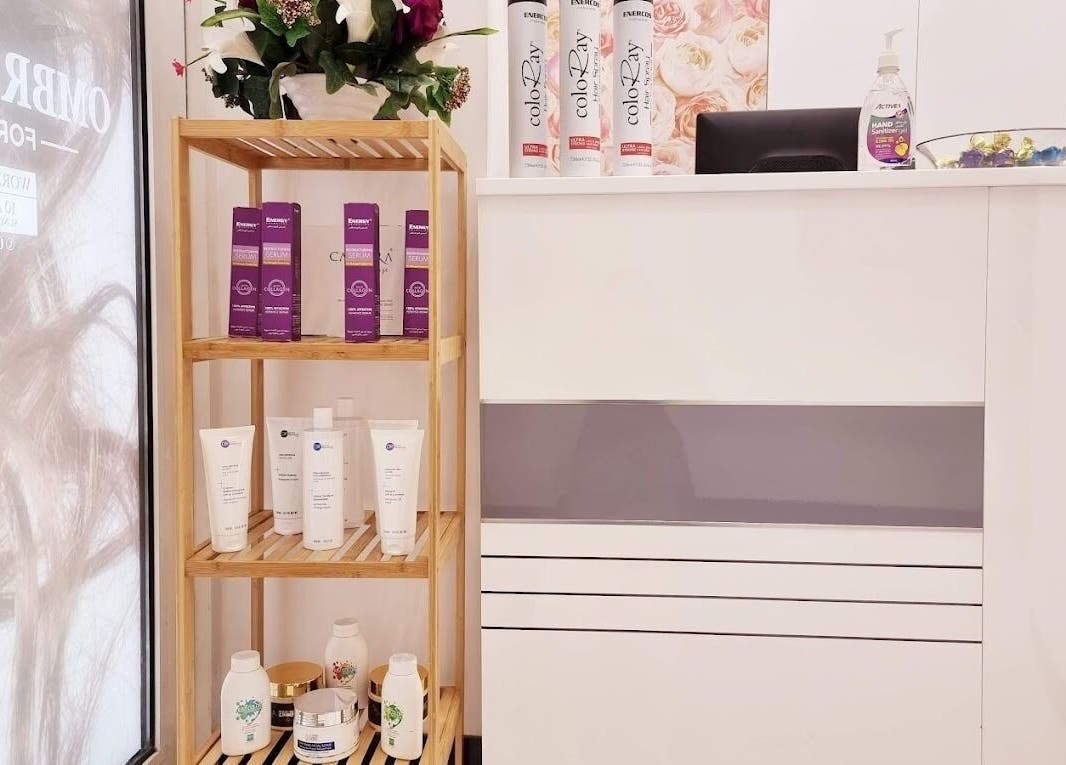 Reception area with beauty products at Ombre Salon for Ladies Branch, Dubai, Dubai, AE.