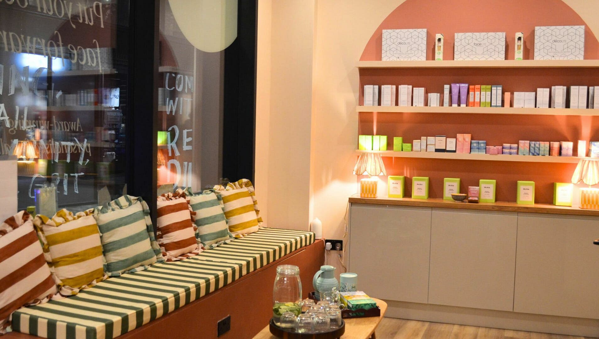 Relaxing lounge area with striped cushions at re:lax Borough Yards, London, England, GB.