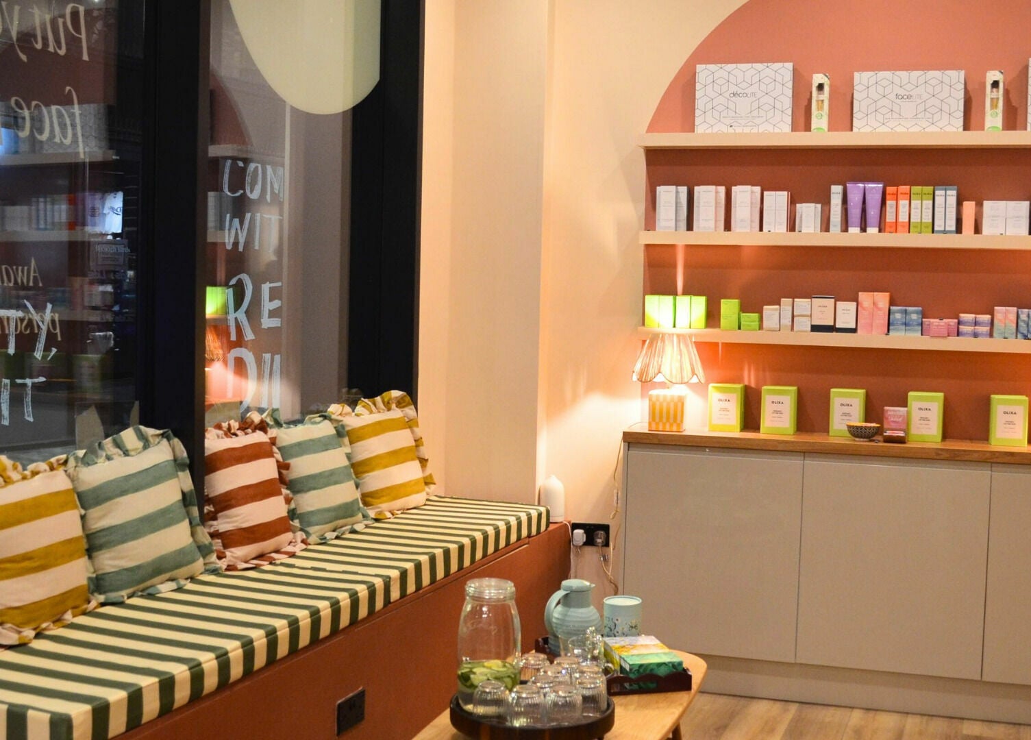 Relaxing lounge area with striped cushions at re:lax Borough Yards, London, England, GB.