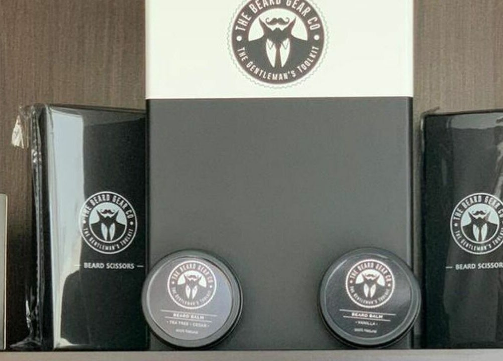 Grooming products at Sfizio Gent's Salon, Al Khail Branch, Dubai, AE featuring beard care selections.