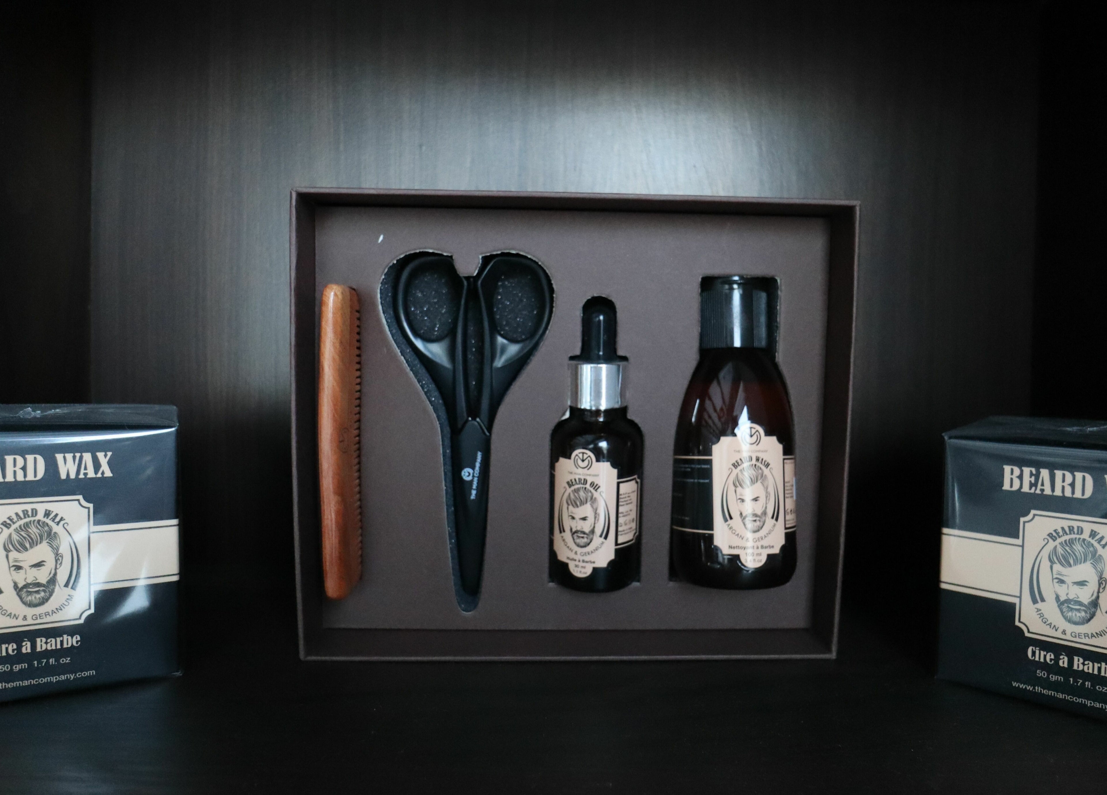 Beard grooming kit at Sfizio Gent's Salon, Al Khail Branch, Dubai, AE offers premium beard wax and care products.