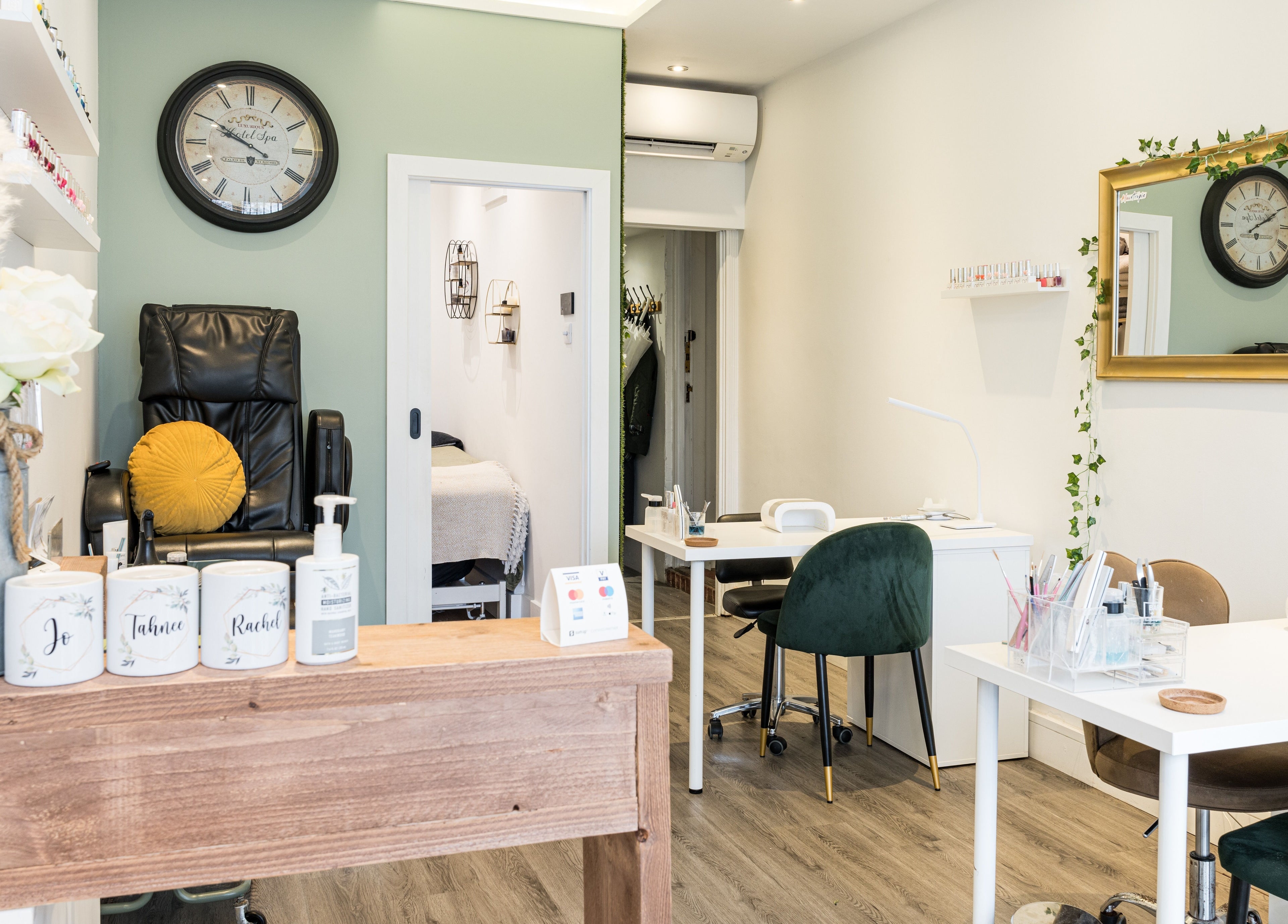 Elegant No 53 Salon interior in Walton on the Hill, England, GB, featuring stylish decor and modern beauty stations.