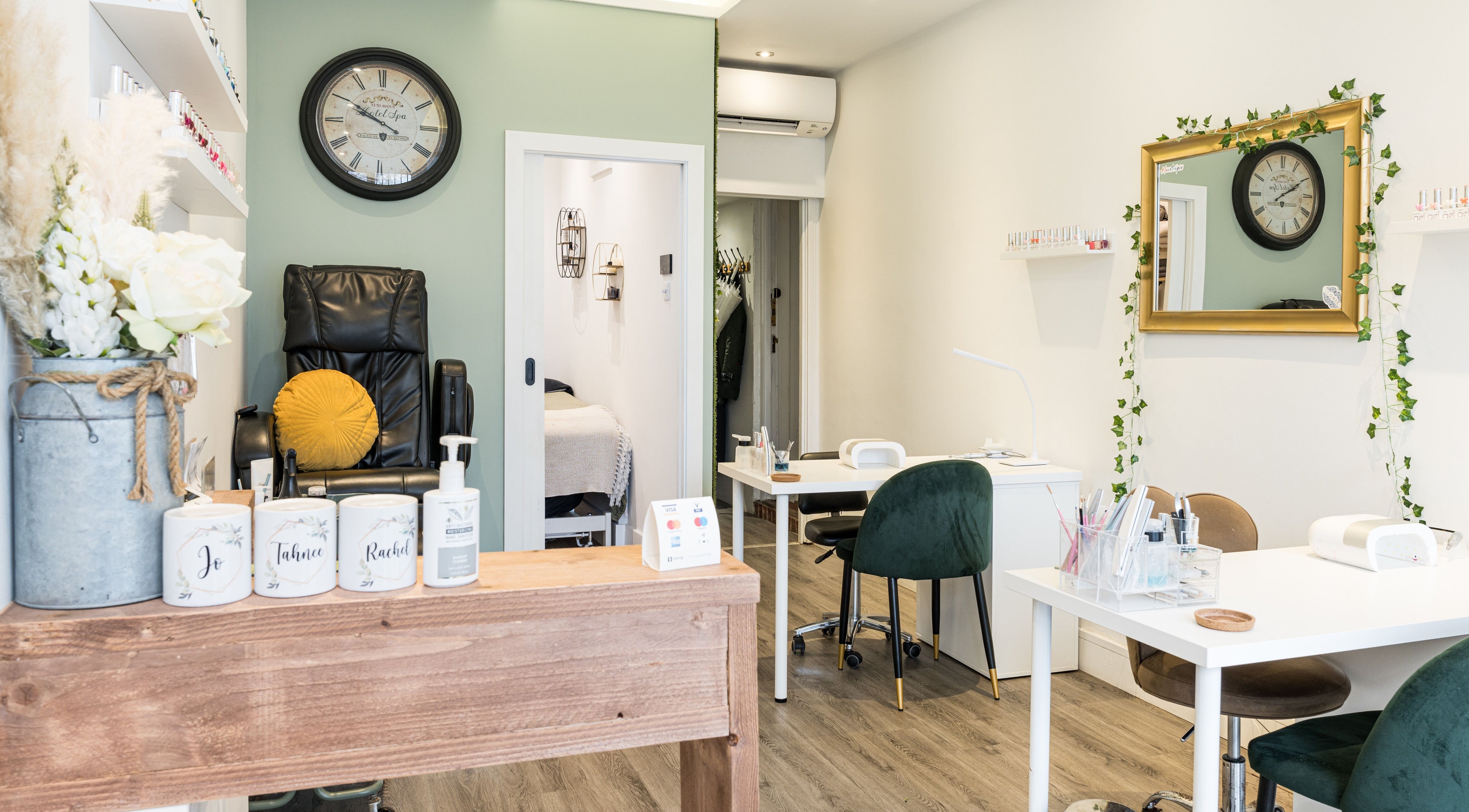 Elegant No 53 Salon interior in Walton on the Hill, England, GB, featuring stylish decor and modern beauty stations.