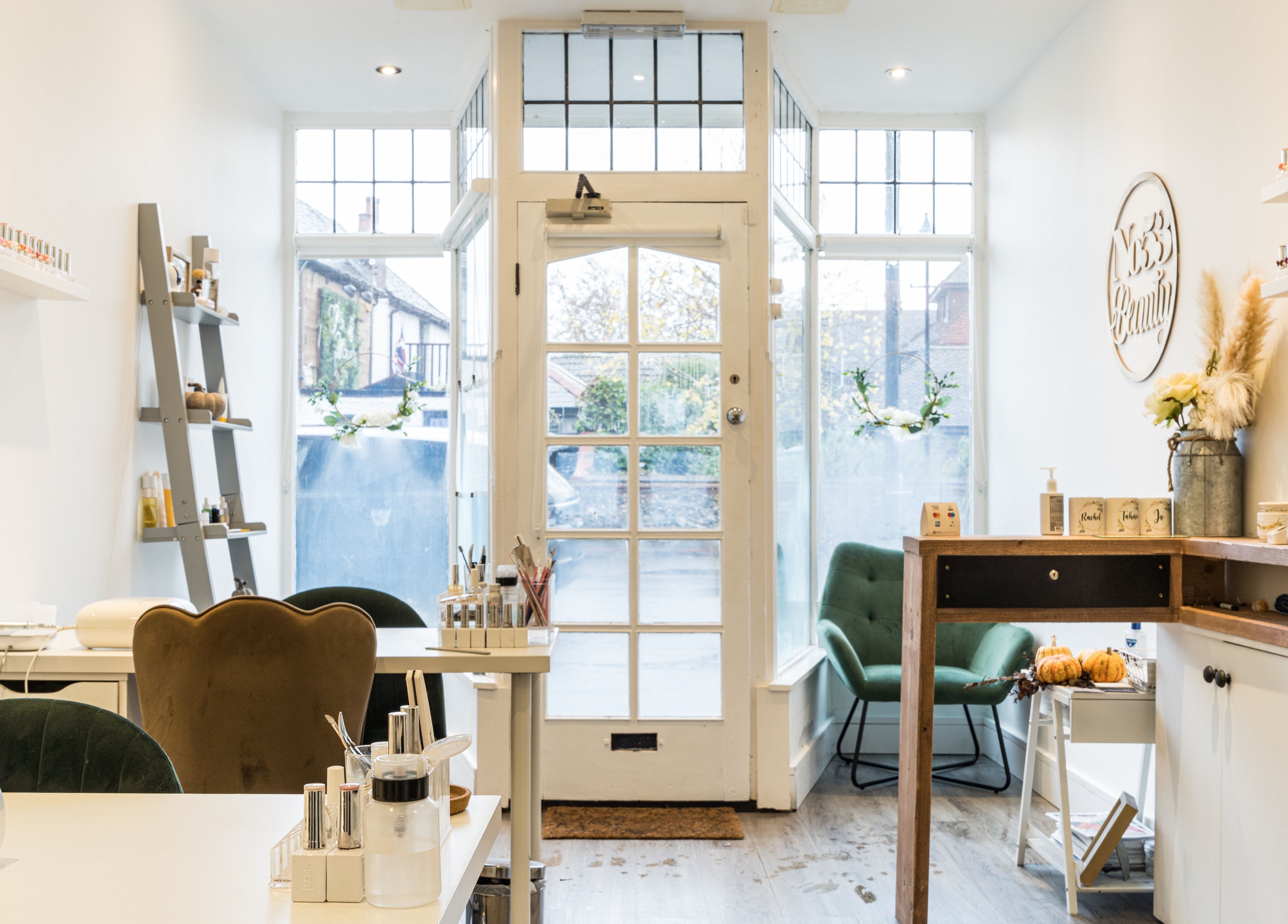 Bright, elegant interior of No 53 Salon in Walton on the Hill, England, GB with stylish decor.