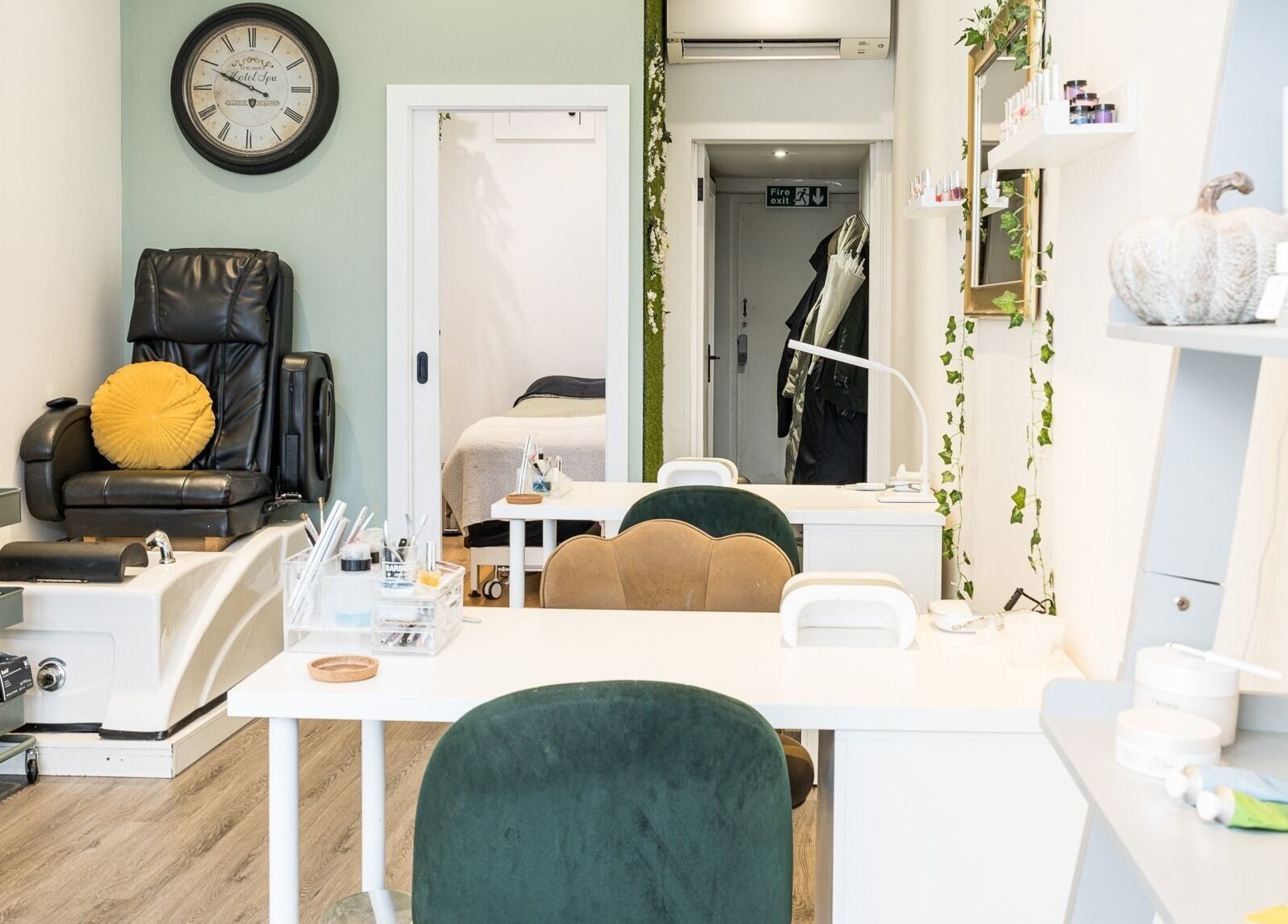 No 53 Salon's serene interior with nail stations and massage chair, Walton on the Hill, England, GB.