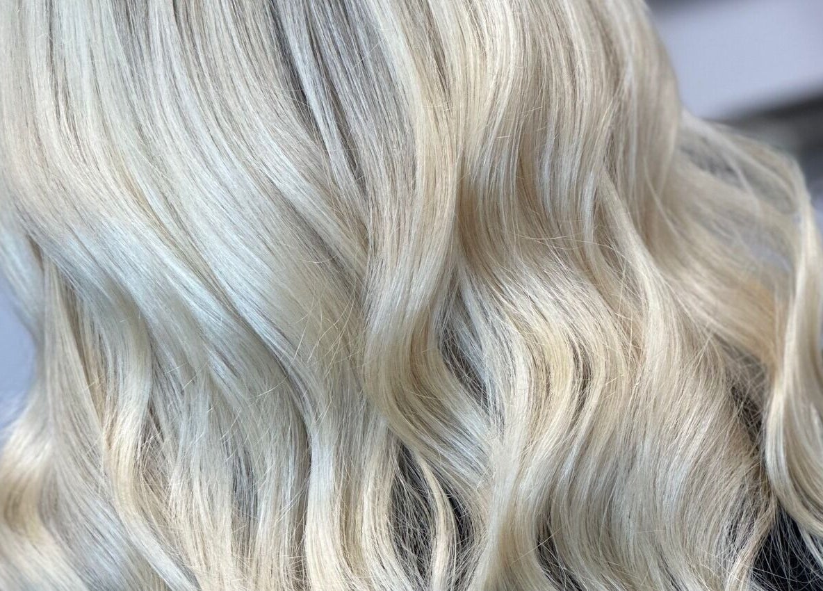 Silky blonde hair waves crafted at Hair Extensions by Rebecca Banham, Spilsby, England, GB.