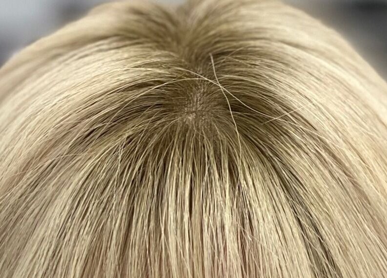 Close-up of blonde hair extensions at Hair Extensions by Rebecca Banham, Spilsby, England, GB.