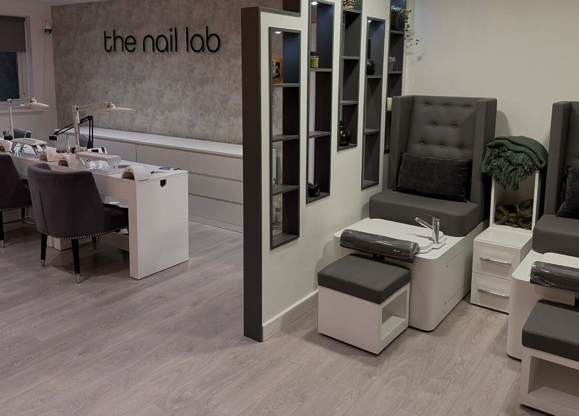 Elegant interior of The Nail Lab in Leeds, England, GB with modern manicure and pedicure stations.