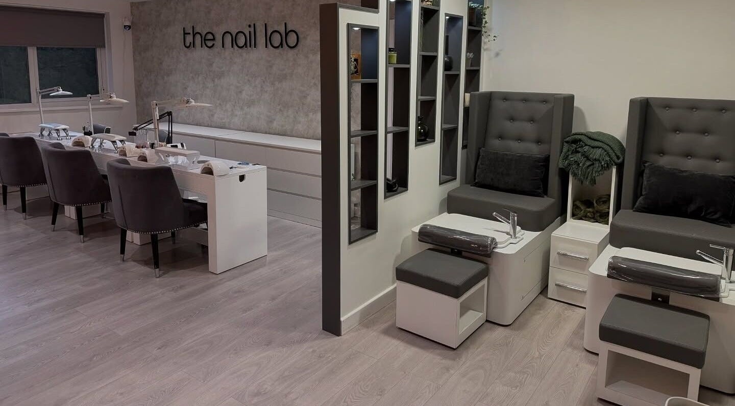 Elegant interior of The Nail Lab in Leeds, England, GB with modern manicure and pedicure stations.