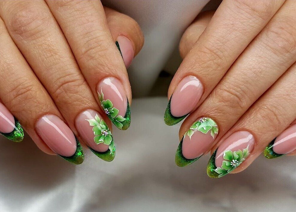 Exquisite green nail art at The Nail Lab, Leeds, England, GB showcasing floral designs.