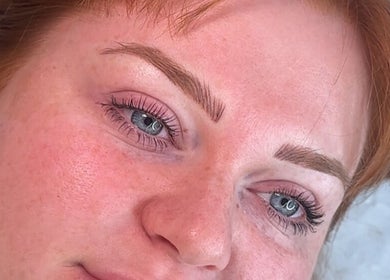 Close-up of beautifully done eyebrows and lashes by Diamond Artistry in Halfway, England, GB.