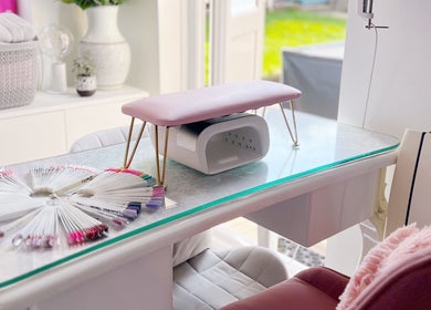 Elegant nail station at Jessica Lily Beauty in Long Buckby, England, GB, showcasing modern equipment.