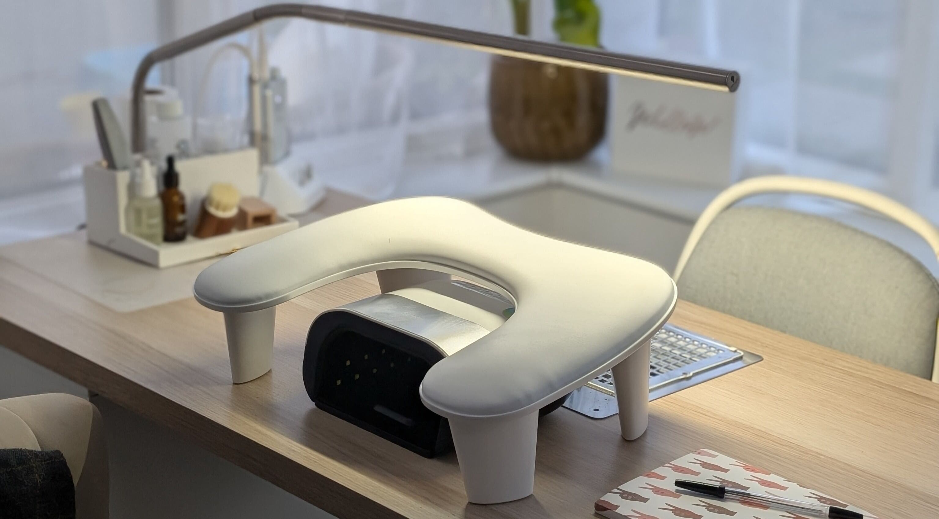 Modern nail station at The Nail Den, Derby, England, GB featuring sleek tools and accessories.