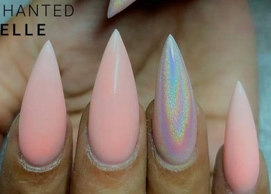 Stiletto nails with pink and holographic polish at Enchanted Belle, Boksburg, Gauteng, ZA.