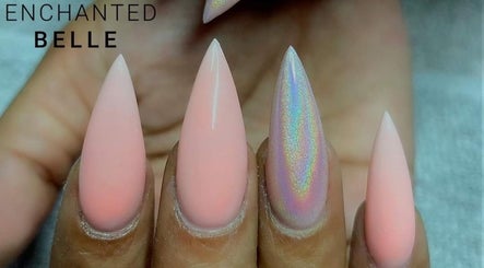 Stiletto nails with pink and holographic polish at Enchanted Belle, Boksburg, Gauteng, ZA.