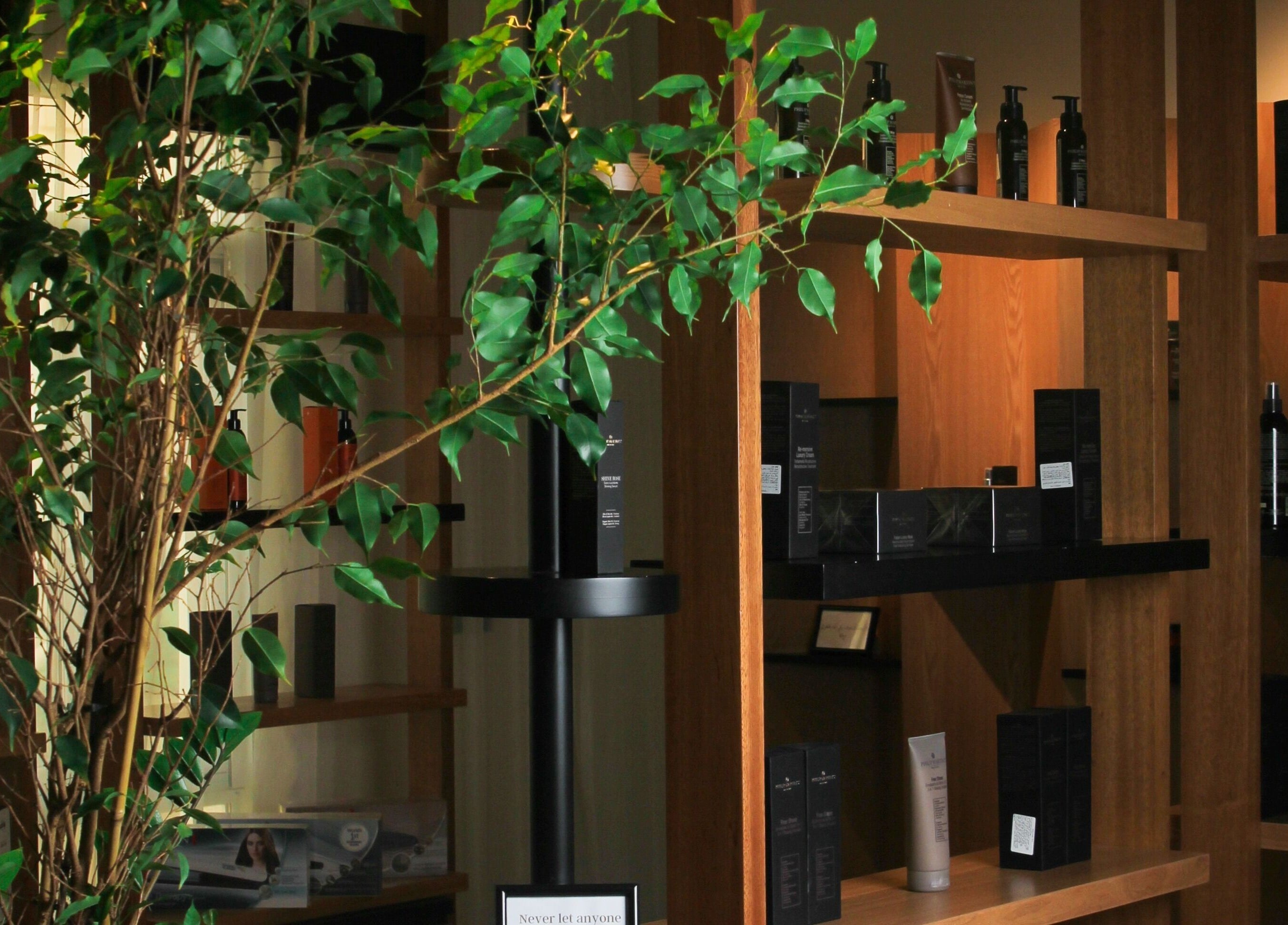 Wooden shelves with beauty products at ZK Beauty & Spa, Muscat, Muscat Governorate, OM.