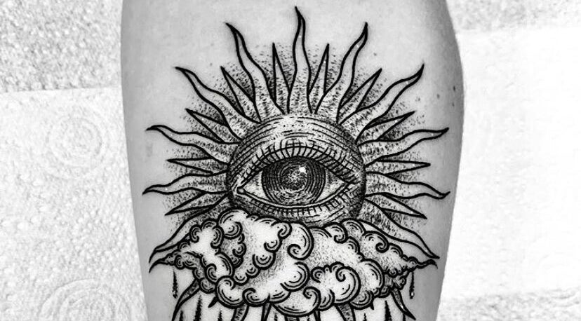 Unique sun and eye tattoo design at BeniSpirit.Art in Stockton-on-Tees, England, GB.