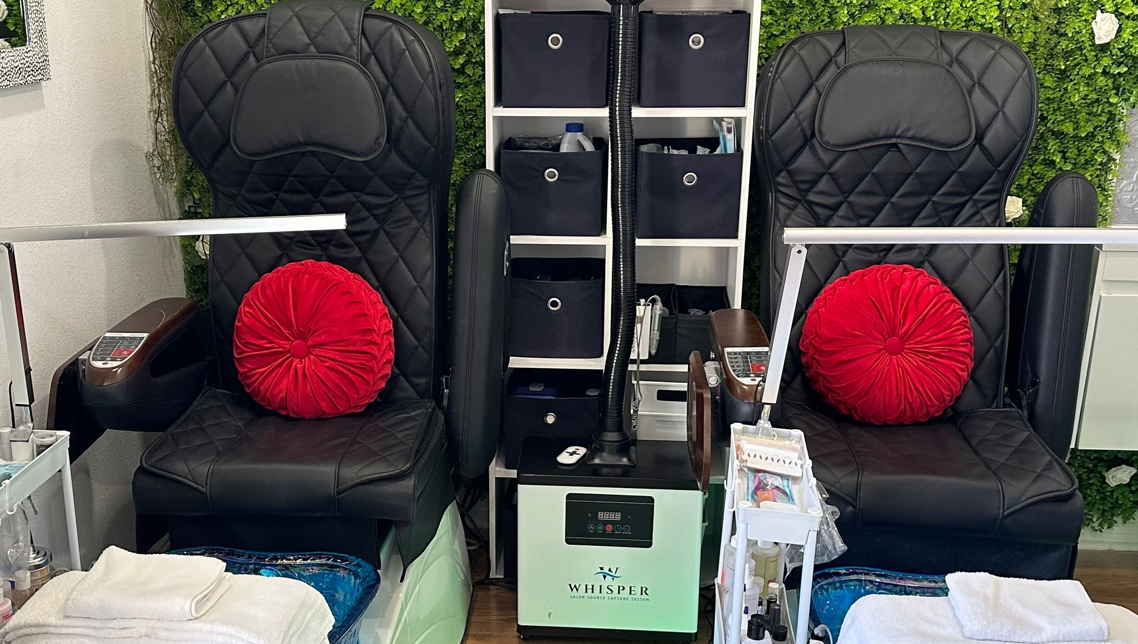 Elegant pedicure chairs at Lovely Me Nail Studio in Laredo, Texas, US, showcasing comfort and style.