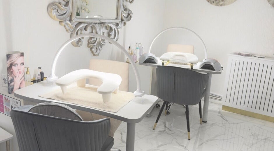Elegant manicure station at Essence and Co, Quinton, England, GB, featuring stylish decor and high-end equipment.