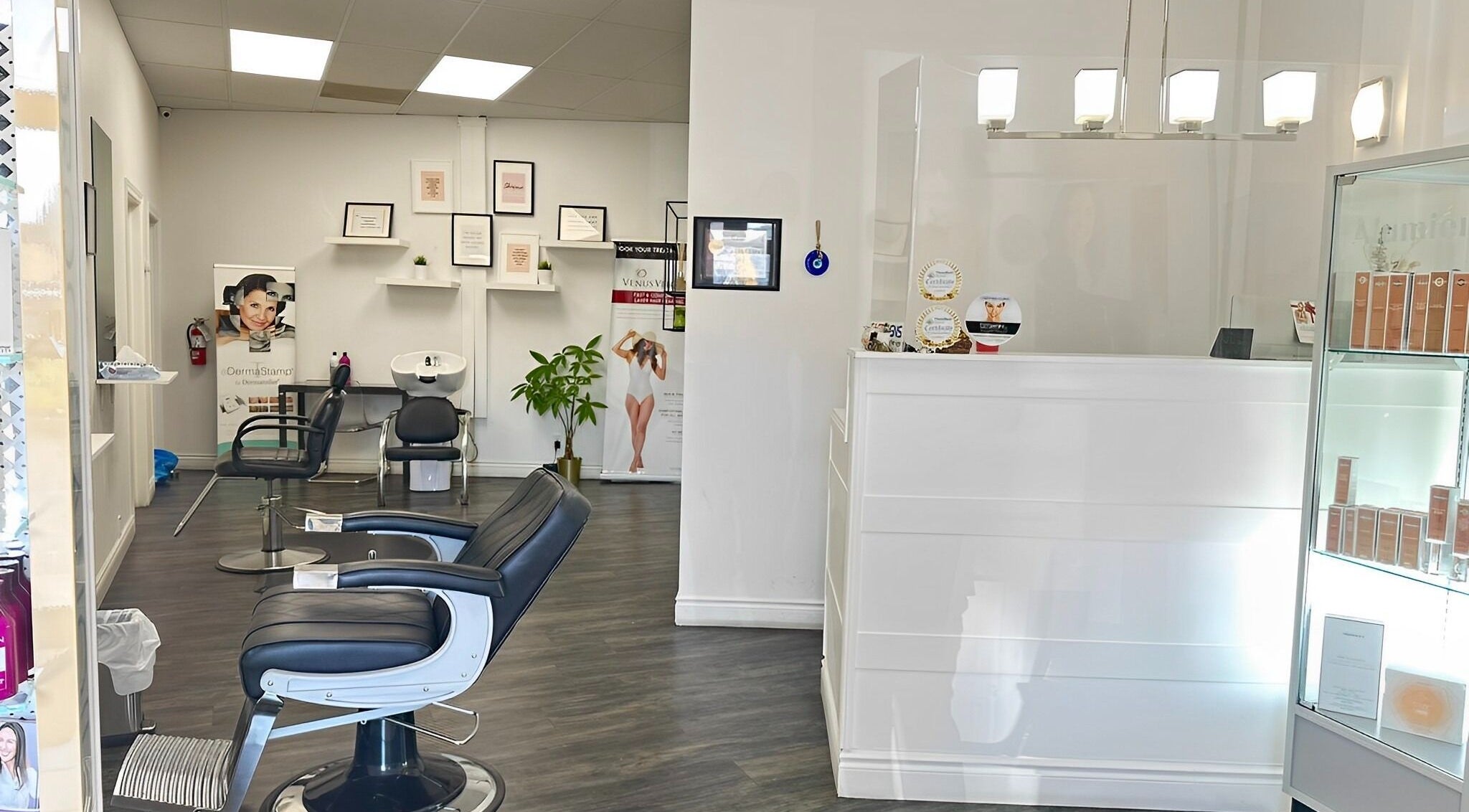 Inside view of Spa Asiana Inc. in London, Ontario, CA featuring chic salon chairs and modern decor.