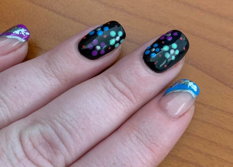 Stylish, colorful dotted nails at Nadia’s Nails, Newcastle, KwaZulu-Natal, ZA.