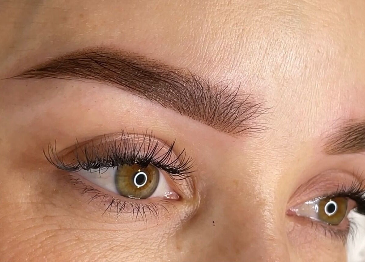 Close-up of perfectly groomed eyebrows and lashes at Erene Beauty Studio, Bathgate, Scotland, GB.