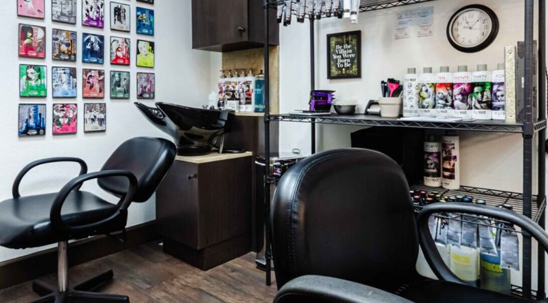 Cozy interior of Villain Salon Studio in Denver, Colorado, US featuring stylish decor and salon equipment.