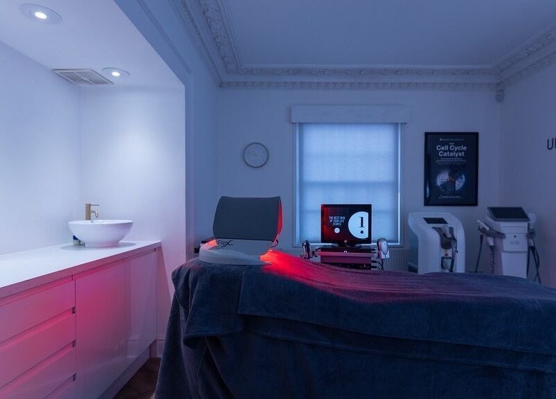 Modern treatment room at Update Aesthetics Lemon Street, Truro, England, GB featuring advanced skincare equipment.