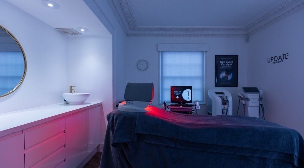 Modern treatment room at Update Aesthetics Lemon Street, Truro, England, GB featuring advanced skincare equipment.