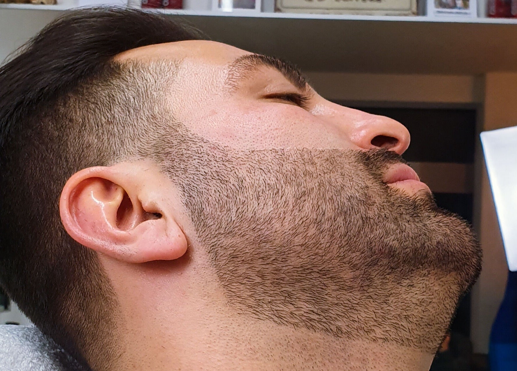 Detailaufnahme eines kunstvoll rasierten Bartes bei Barber By Amado, Zürich, Zürich, CH.