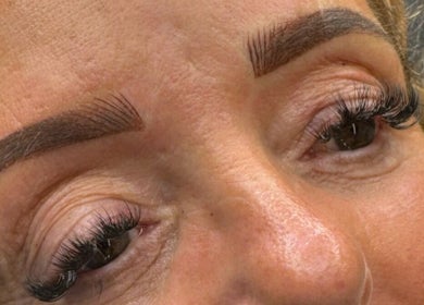 Close-up of perfectly styled lashes and brows at Lovelli Lashes Brows and Training, Halfway, England, GB.